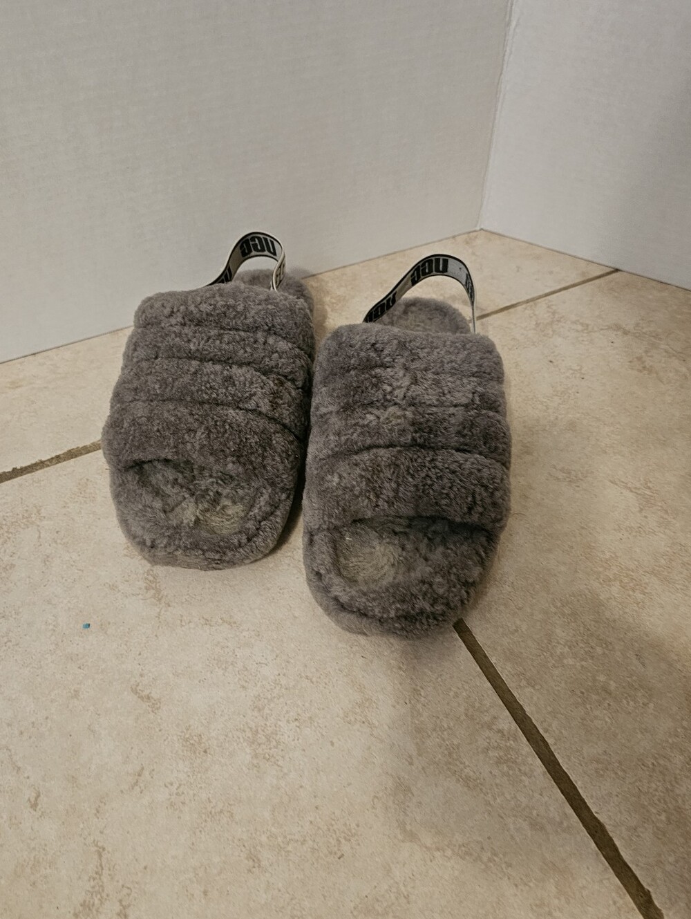 UGG Gray Fuzz Slide with Branded Heel Strap